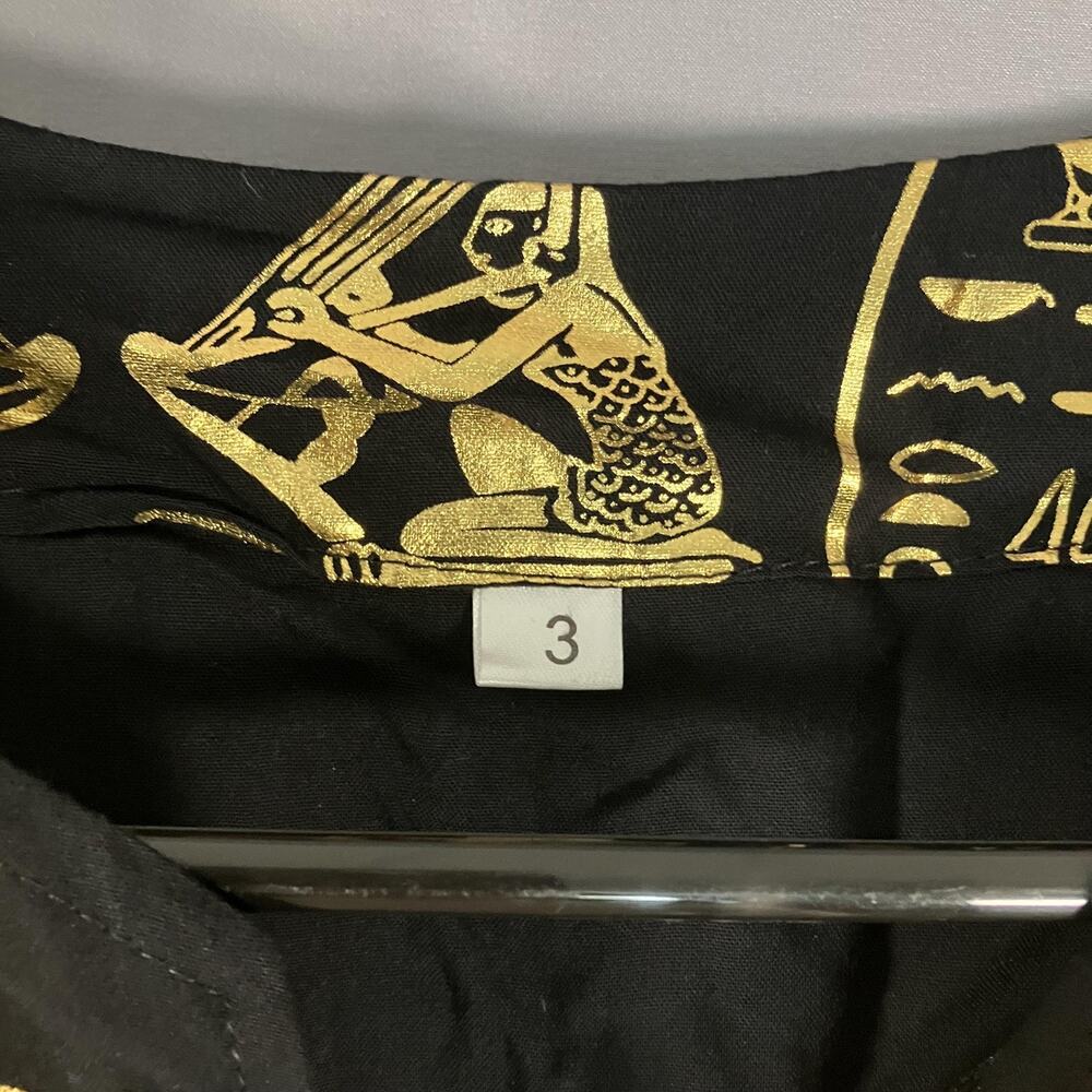 Egyptian Print Dress Womens Large Black Gold V-Neck‎ Short Sleeve Ruffle Midi - Picture 4 of 11
